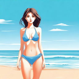 A girl in a bikini standing on a sunny beach with clear blue skies and gentle waves in the background