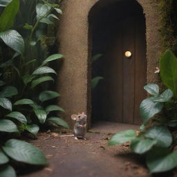 Create an image of an adventurous mouse standing at the edge of a jungle, captivated by a magical door it has discovered among the diverse flora, cloaked in shimmering, magical light.