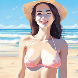 A girl in a bikini standing on a sunny beach with clear blue skies and gentle waves in the background