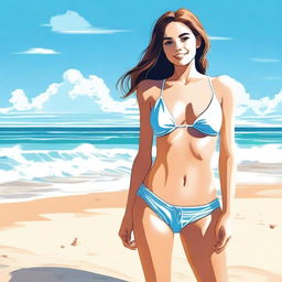 A girl in a bikini standing on a sunny beach with clear blue skies and gentle waves in the background