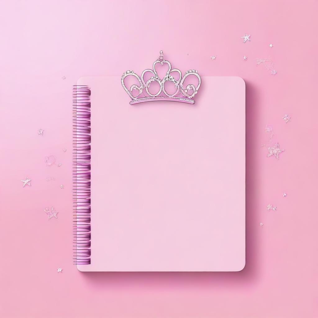 Create a girly princess-themed notebook backdrop featuring a single iconic element, such as a tiara, a heart, or a magic wand, centered on a plain background