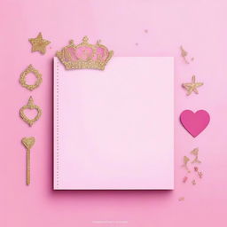 Create a simple girly princess-themed notebook backdrop featuring a single iconic element, such as a tiara, a heart, or a magic wand, centered on a plain background