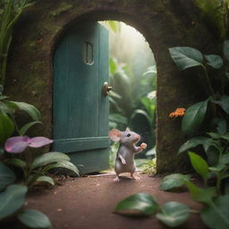 Create an image of an adventurous mouse standing at the edge of a jungle, captivated by a magical door it has discovered among the diverse flora, cloaked in shimmering, magical light.