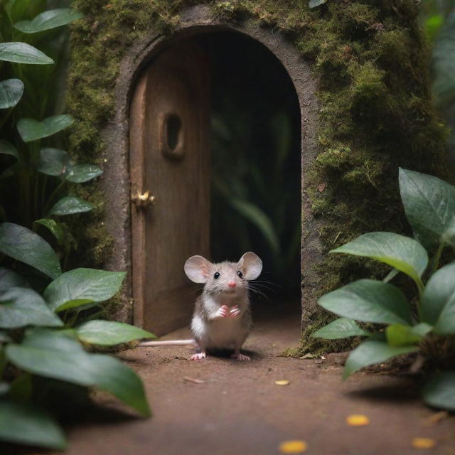 Create an image of an adventurous mouse standing at the edge of a jungle, captivated by a magical door it has discovered among the diverse flora, cloaked in shimmering, magical light.