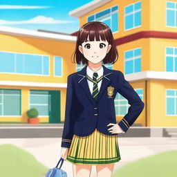 A cheerful school girl wearing a traditional school uniform with a pleated skirt and blazer, standing in front of a school building with a bright and sunny background