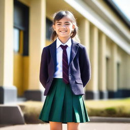 A cheerful school girl wearing a traditional school uniform with a pleated skirt and blazer, standing in front of a school building with a bright and sunny background