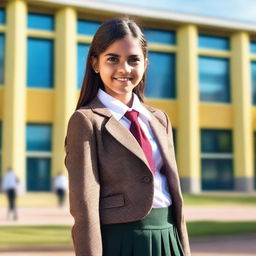 A cheerful school girl wearing a traditional school uniform with a pleated skirt and blazer, standing in front of a school building with a bright and sunny background