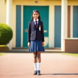 A cheerful school girl wearing a traditional school uniform with a pleated skirt and blazer, standing in front of a school building with a bright and sunny background