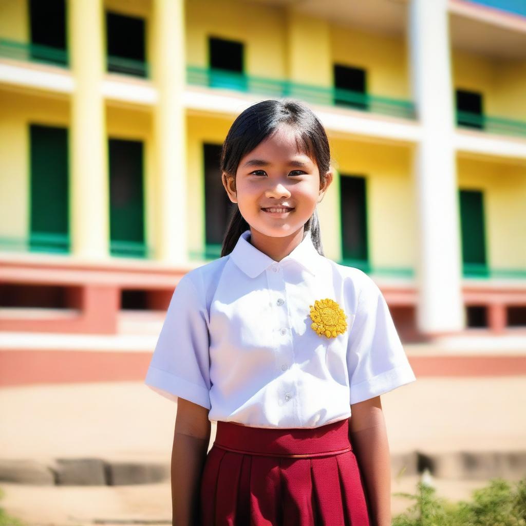 A Myanmar school girl wearing a traditional school uniform called 'sey', standing in front of a school building with a bright and sunny background