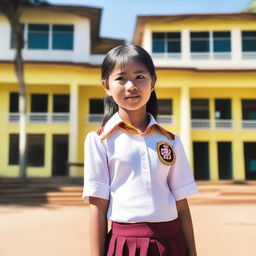 A Myanmar school girl wearing a traditional school uniform called 'sey', standing in front of a school building with a bright and sunny background