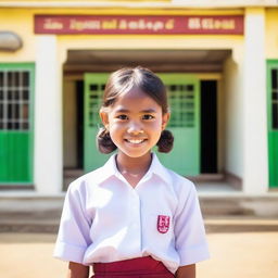 A Myanmar school girl wearing a traditional school uniform called 'sey', standing in front of a school building with a bright and sunny background