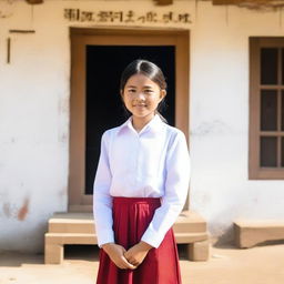 A Myanmar school girl wearing a traditional school uniform called 'sey', standing in front of a school building with a bright and sunny background