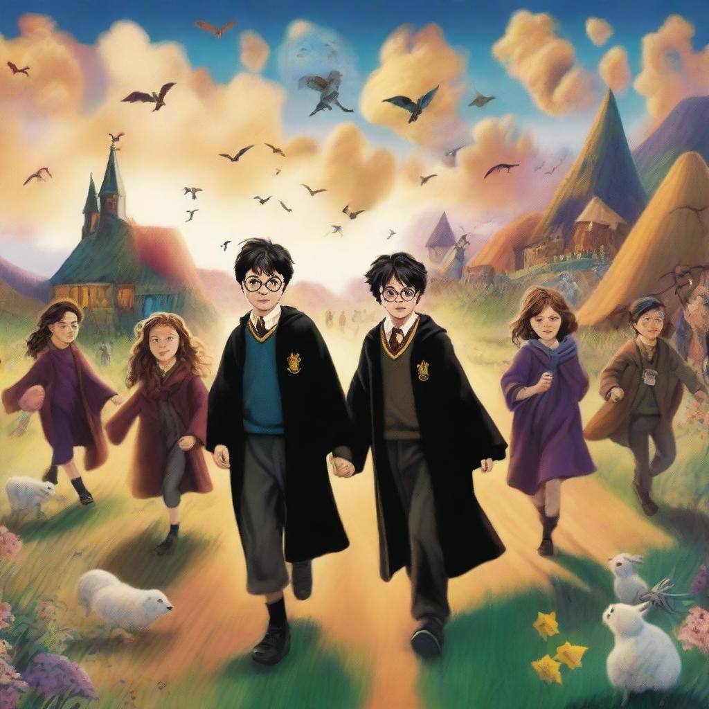 A whimsical and magical scene featuring Harry Potter and his friends at a cotton camp, with elements from 'The Prisoner of Azkaban'