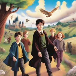 A whimsical and magical scene featuring Harry Potter and his friends at a cotton camp, with elements from 'The Prisoner of Azkaban'