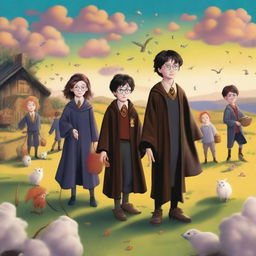 A whimsical and magical scene featuring Harry Potter and his friends at a cotton camp, with elements from 'The Prisoner of Azkaban'