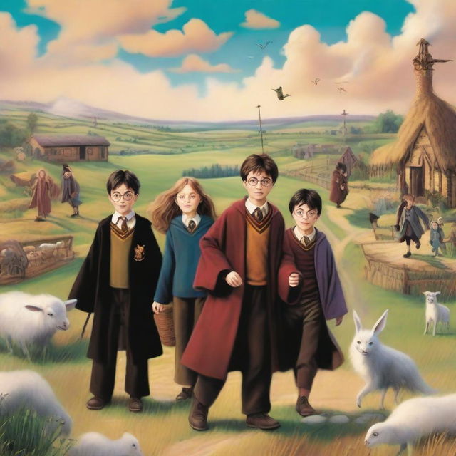 A whimsical and magical scene featuring Harry Potter and his friends at a cotton camp, with elements from 'The Prisoner of Azkaban'