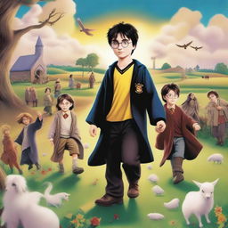 A whimsical and magical scene featuring Harry Potter and his friends at a cotton camp, with elements from 'The Prisoner of Azkaban'