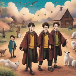 A whimsical and magical scene featuring Harry Potter and his friends at a cotton camp, with elements from 'The Prisoner of Azkaban'