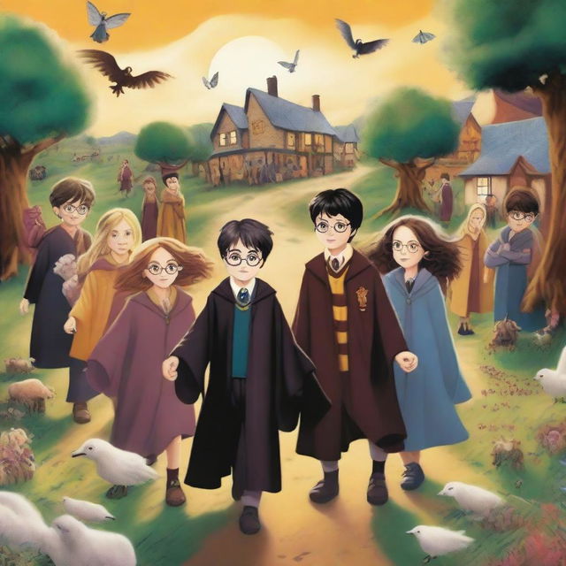 A whimsical and magical scene featuring Harry Potter and his friends at a cotton camp, with elements from 'The Prisoner of Azkaban'