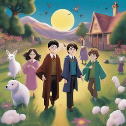 A whimsical and magical scene featuring Harry Potter and his friends at a cotton camp, with elements from 'The Prisoner of Azkaban'