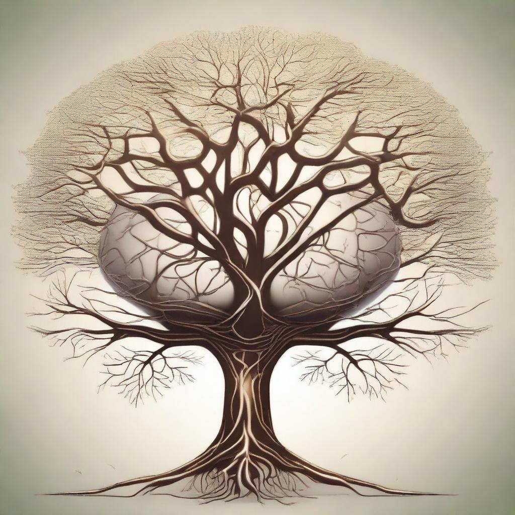 A detailed illustration of a human brain with the tree of life growing from it, symbolizing philosophy and knowledge