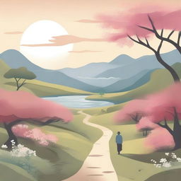 A serene landscape with a lone figure walking along a winding path surrounded by nature