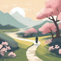 A serene landscape with a lone figure walking along a winding path surrounded by nature