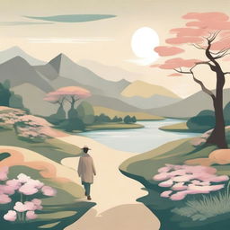 A serene landscape with a lone figure walking along a winding path surrounded by nature