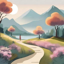 A serene landscape with a lone figure walking along a winding path surrounded by nature