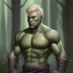 A detailed digital illustration of a half-orc character with blonde messy short hair