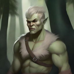 A detailed digital illustration of a half-orc character with blonde messy short hair