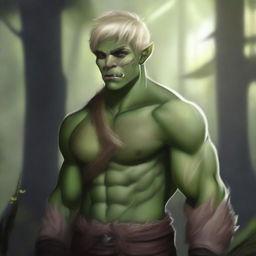 A detailed digital illustration of a half-orc character with blonde messy short hair