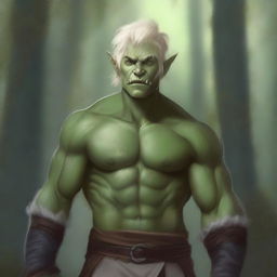 A detailed digital illustration of a half-orc character with blonde messy short hair