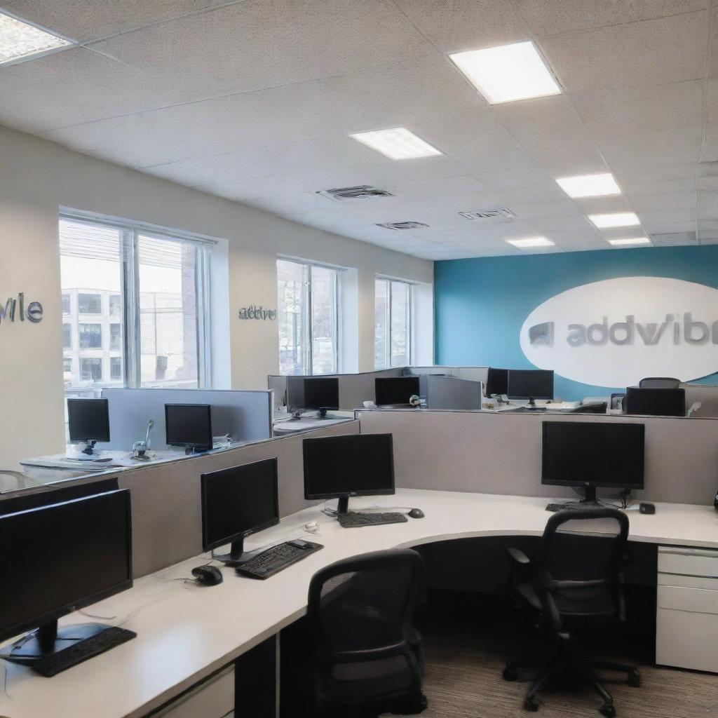 Picture of a clean, modern office with up-to-date technology and a bustling environment, the office sign shows the name 'Advibe Marketing'. The office reflects a successful marketing agency vibe.