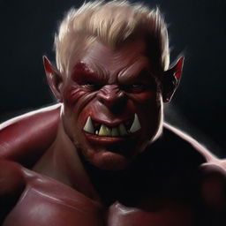 A detailed digital illustration of a red-skinned half-orc character with blonde messy short hair and long sharp teeth protruding outside the mouth