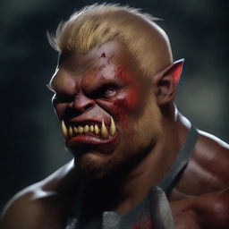 A detailed digital illustration of a red-skinned half-orc character with blonde messy short hair and long sharp teeth protruding outside the mouth