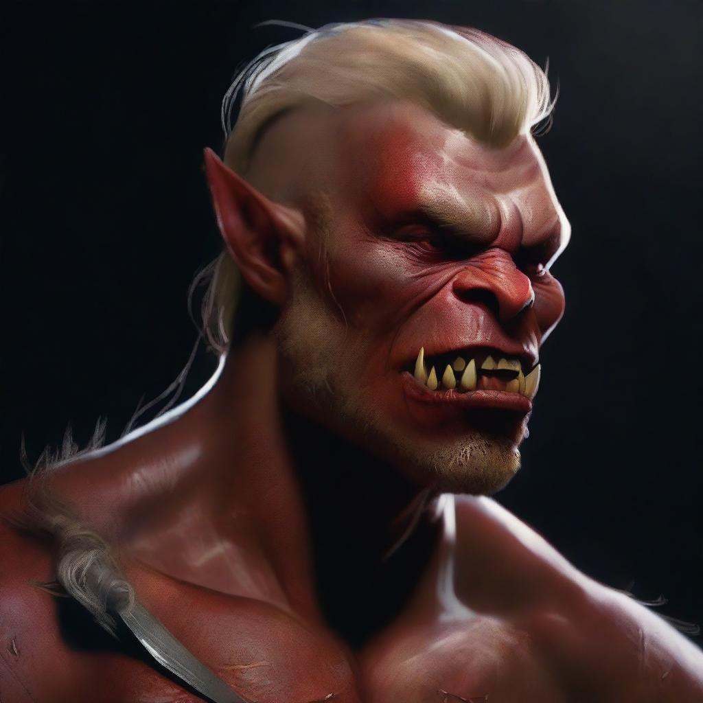 A detailed digital illustration of a red-skinned half-orc character with blonde messy short hair and long sharp teeth protruding outside the mouth