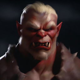 A detailed digital illustration of a red-skinned half-orc character with blonde messy short hair and long sharp teeth protruding outside the mouth