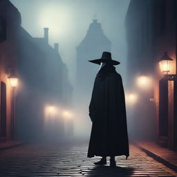 A detailed illustration of a plague doctor wearing a traditional beaked mask and dark cloak, standing in a foggy, medieval street at night