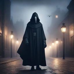 A detailed illustration of a plague doctor wearing a traditional beaked mask and dark cloak, standing in a foggy, medieval street at night