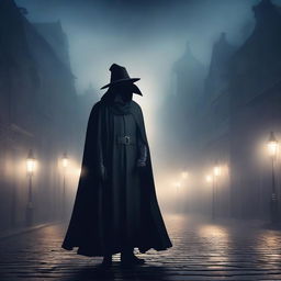 A detailed illustration of a plague doctor wearing a traditional beaked mask and dark cloak, standing in a foggy, medieval street at night