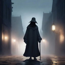 A detailed illustration of a plague doctor wearing a traditional beaked mask and dark cloak, standing in a foggy, medieval street at night