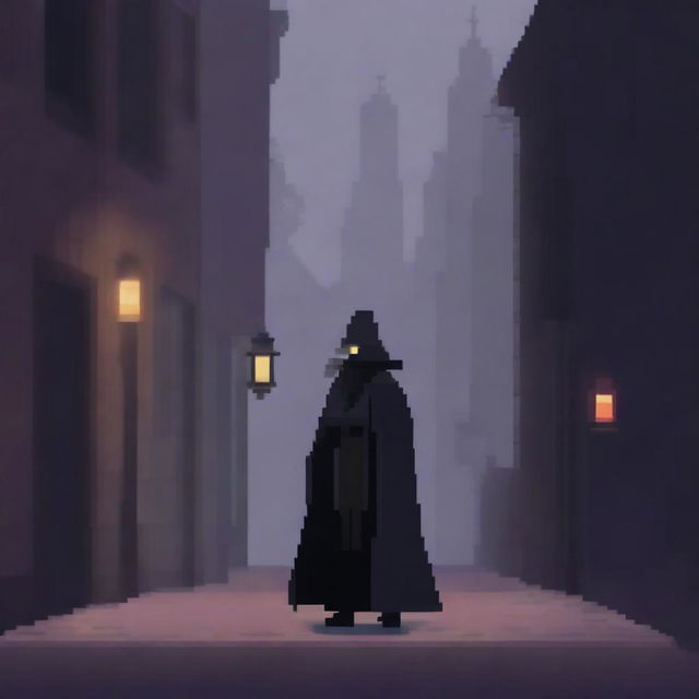 A pixel art depiction of a plague doctor wearing a traditional beaked mask and dark cloak