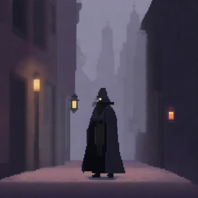 A pixel art depiction of a plague doctor wearing a traditional beaked mask and dark cloak