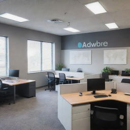 Picture of a clean, modern office with up-to-date technology and a bustling environment, the office sign shows the name 'Advibe Marketing'. The office reflects a successful marketing agency vibe.