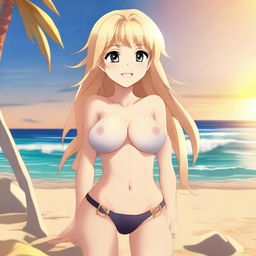 An anime-style full body shot of a blond girl on the beach during sunset