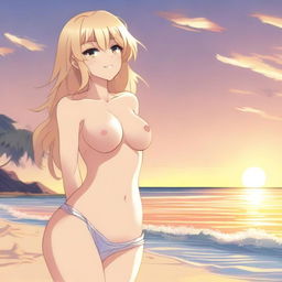 An anime-style full body shot of a blond girl on the beach during sunset