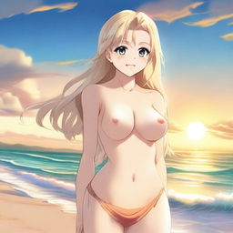 An anime-style full body shot of a blond girl on the beach during sunset