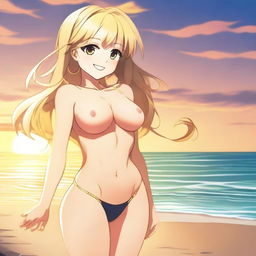 An anime-style full body shot of a blond girl on the beach during sunset