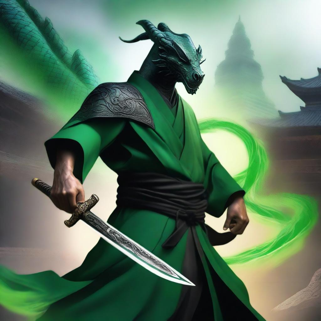 A human monk with black dragon scales covering one shoulder, wielding a sword with green flames